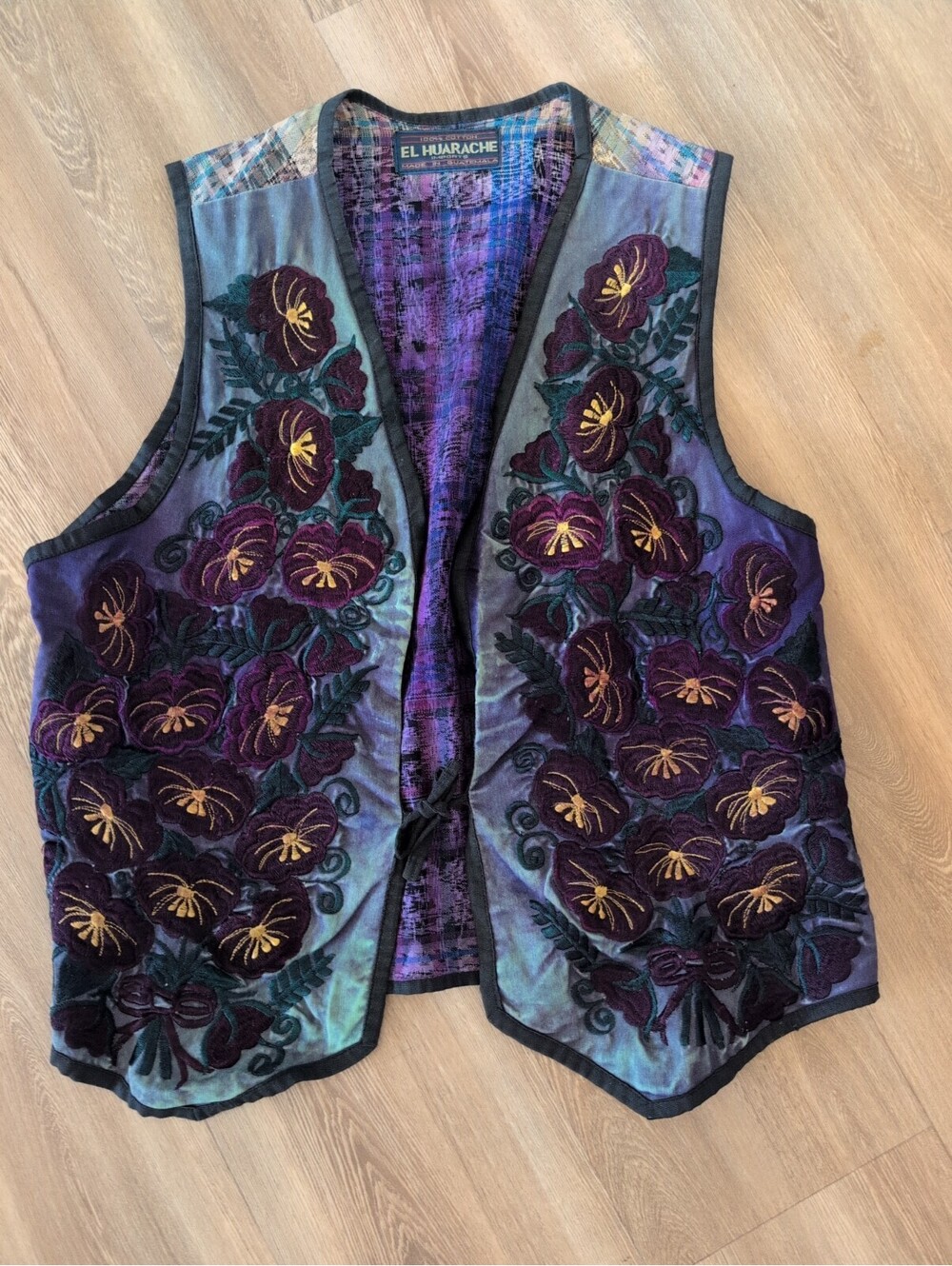 VTG El Huarache Imports Hand Woven Embroidered Floral Tie Front Vest One SZ Y2K